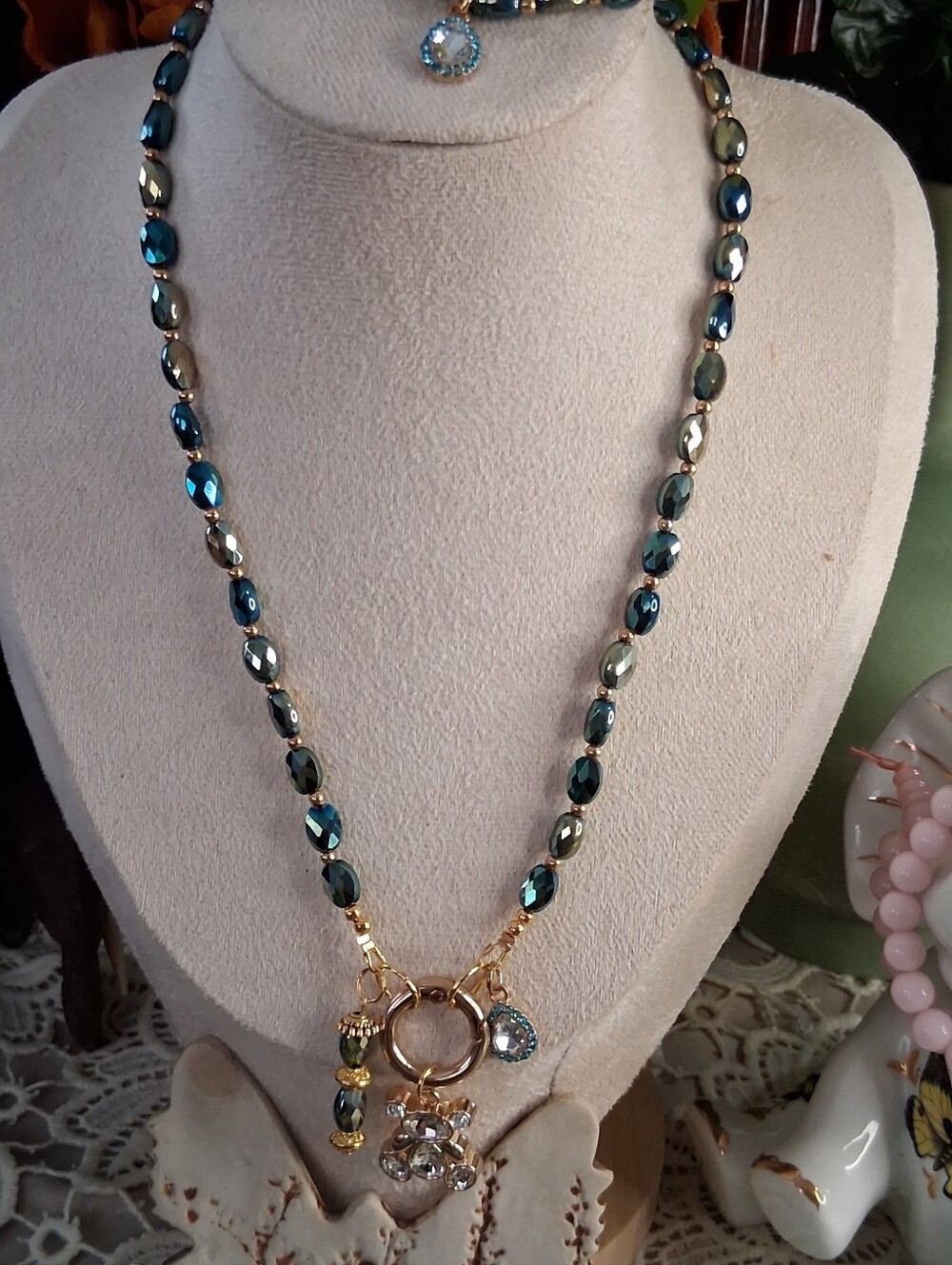 Gold and Teal Beaded Charm Necklace - Designer Style Set